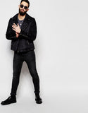 Faux Suede Biker Leather Jacket In Black - Leather Cloth - 4